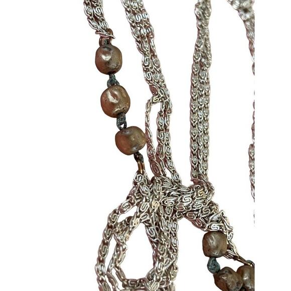 Vintage 55" Three Strand Beaded Necklace Silver Tone Chain Champagne Beads - Picture 9 of 13